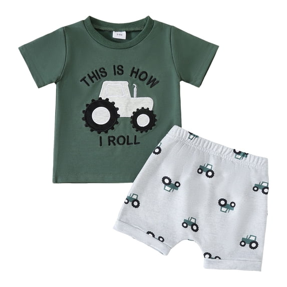 OYXSER Baby Toddler Boy Outfits 2T 3T 4T 5T Cartoon Cotton Summer Short Sleeve T-Shirt Tee Tops + Shorts Clothing Set Kids Outfit Set, Dark Green 12-18M