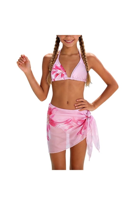 Bathing Suit for Teens 3 Piece Floral Bikini Set Halter Triangle Top Mid Waist Bottom Wrap Skirt, Pink 11-12 Years