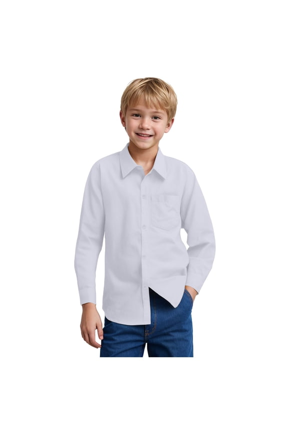 Boys Dress Shirt Casual & Formal Long Sleeve Solid School Uniform Shirts Button Down Cuff with Chest Pocket, White 5-6 Years