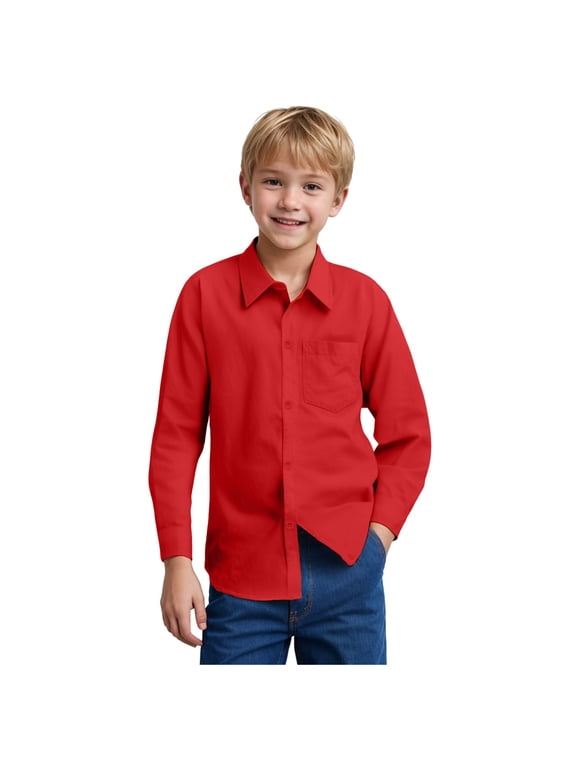 Boys Dress Shirts Casual & Formal Long Sleeve Solid School Uniform Shirts Button Down Cuff with Chest Pocket, Red 13-14 Years