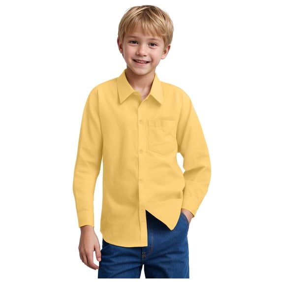 OYXSER Boys Dress Shirts Casual & Formal Long Sleeve Solid School Uniform Shirts Button Down Cuff with Chest Pocket, Yellow 9-10 Years