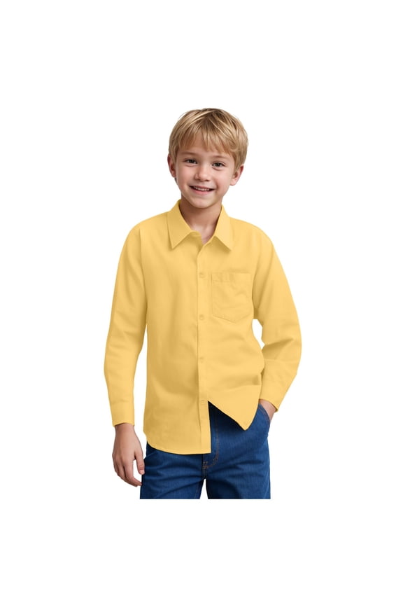 Boys Long Sleeve Dress Shirts for Formal & Casual Solid School Uniform Shirts Button Down Cuff with Chest Pocket, Yellow 9-10 Years