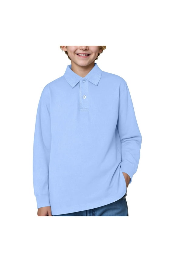 Boys Long Sleeve Polo Shirts Kids Casual Button School Uniform Shirts, 3-15Y