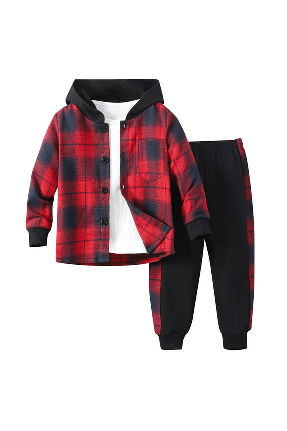 Boys Outfit Sets 2Pcs Flannel Plaid Shirt and Pants Set 5T 6T 7T Hoodie Sweatsuit for Fall Winter Spring Kids Clothes, Red 6T