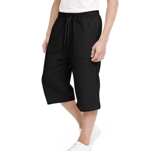 OYXSER Boys Straight Leg Linen Capri Pants Drawstring Elastic Waist 3/4 Summer Shorts Pockets, Black 10-11Y