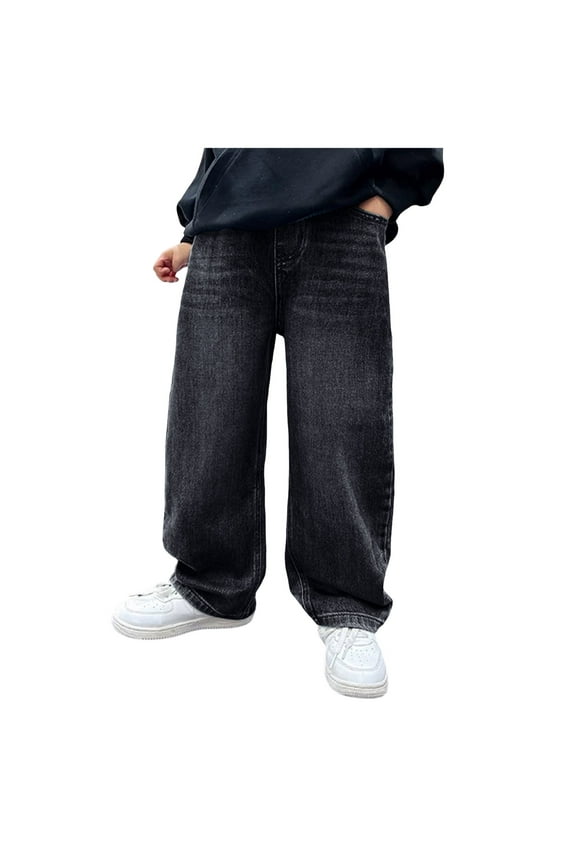 Boys Wide Leg Baggy Jeans Spring Fall Y2k Elastic Waist Washed Denim Pants Loose Relaxed Fit Casual Trousers, Black 15-16 Years