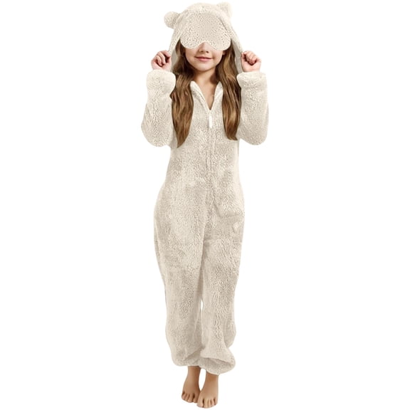 OYXSER Girl Plush Hooded Jumpsuit Sherpa Fuzzy Pajamas Long Sleeve Zipper Winter Warm Fleece Onesie Rompers, White 12-13 Years