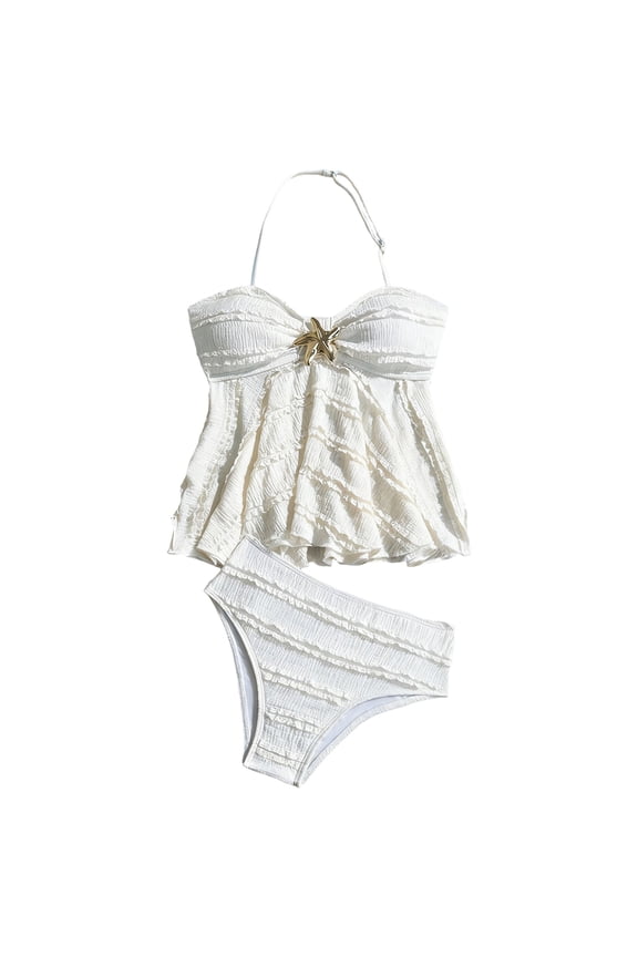 Girl's 2 Piece Boho Bikini Sets Ruffle Beach Swimsuit, White 15-16Y