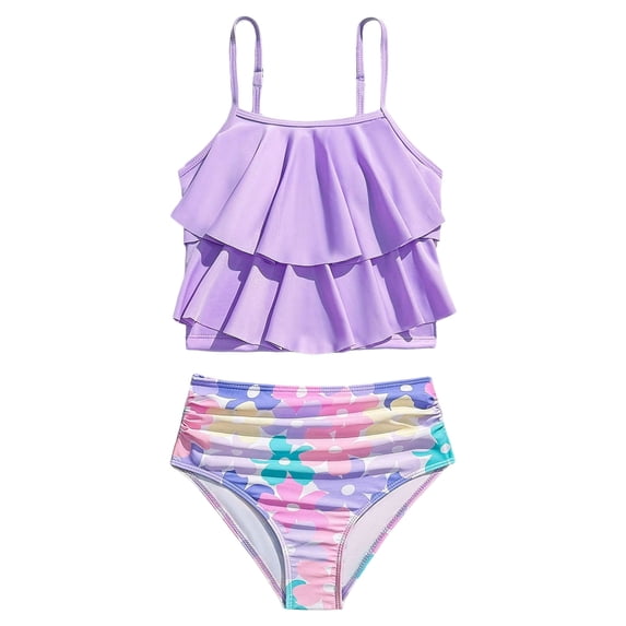 OYXSER Girl's 2 Piece Tankini Swimsuits Flowy Ruffle Flounce Floral Print Cute Bathing Suits, Purple 7-8Y