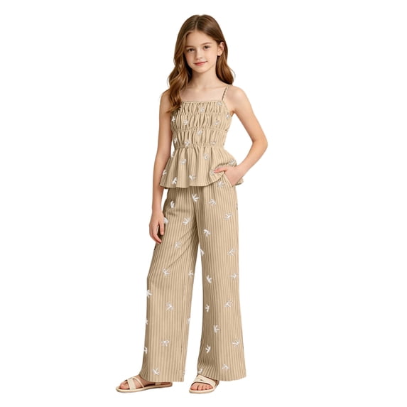 OYXSER Girls 2 Piece Lounge Set Ruched Cami Spaghetti Strap Top Wide Leg Pants with Pockets, Khaki 7-8Y
