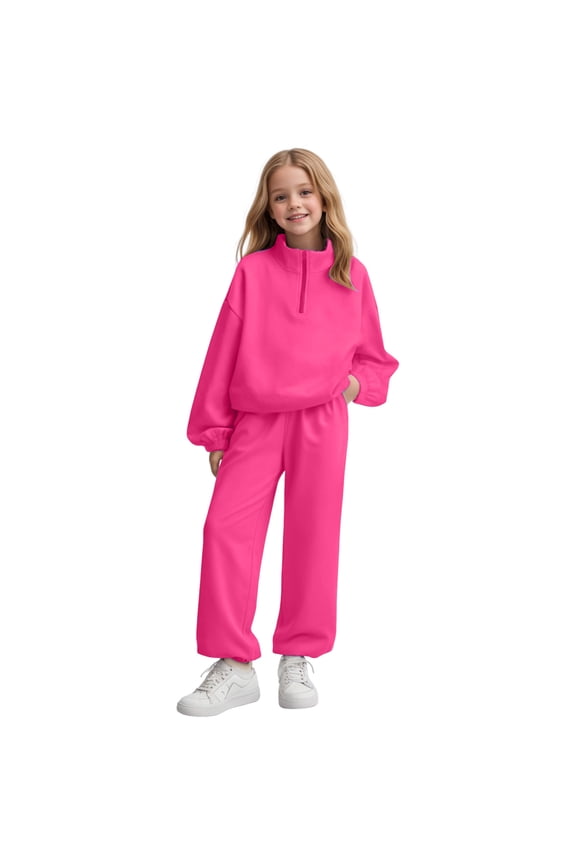 Girls 2-Piece Sweatsuit Set Half Zip Mock Neck Cropped Top & Fuzzy Joggers Soft Play Weekend Lounge Outfits Cozy Casual Wear, Hot Pink 12-13 Years