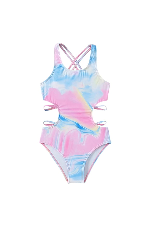 Girls Bathing Suits Crossback Hawaii Swimwear Cut Out Swimwear Beach Bathing Suit, Pink 13-14Y