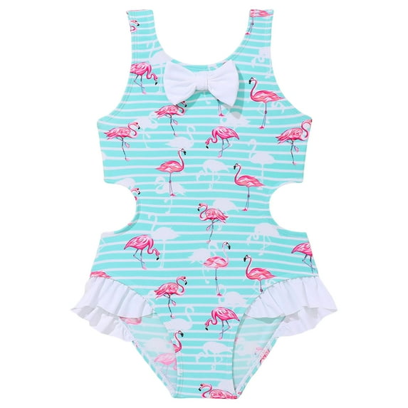 OYXSER Girls Bathing Suits Flamingos Ruched Cut Out Bathing Suit for Girls One Piece Beach Swimwear Bathing Suit, Blue 13-14Y