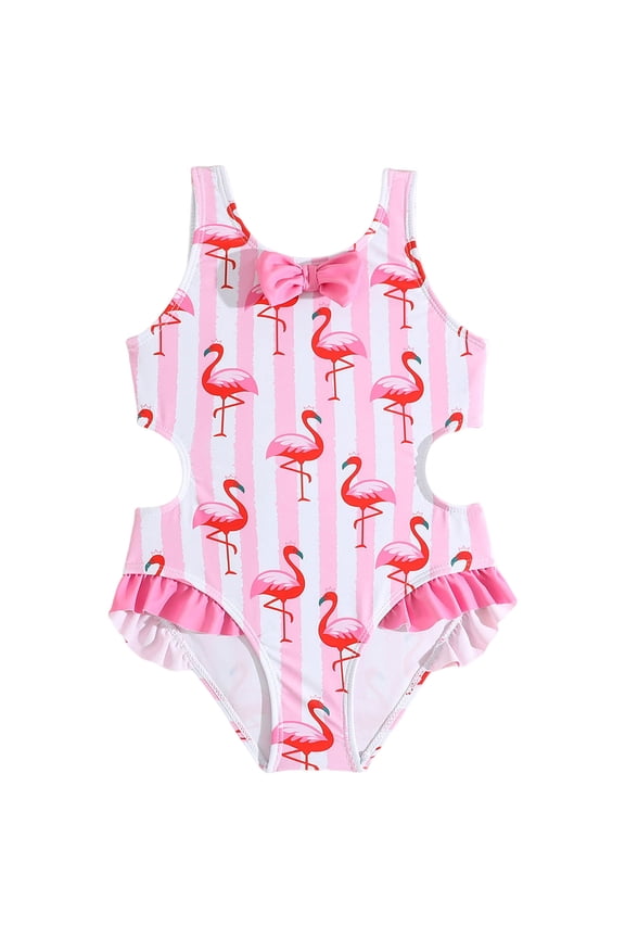 Girls Bathing Suits Flamingos Ruched Cut Out Bathing Suit for Girls One Piece Beach Swimwear Bathing Suit, Pink 9-10Y