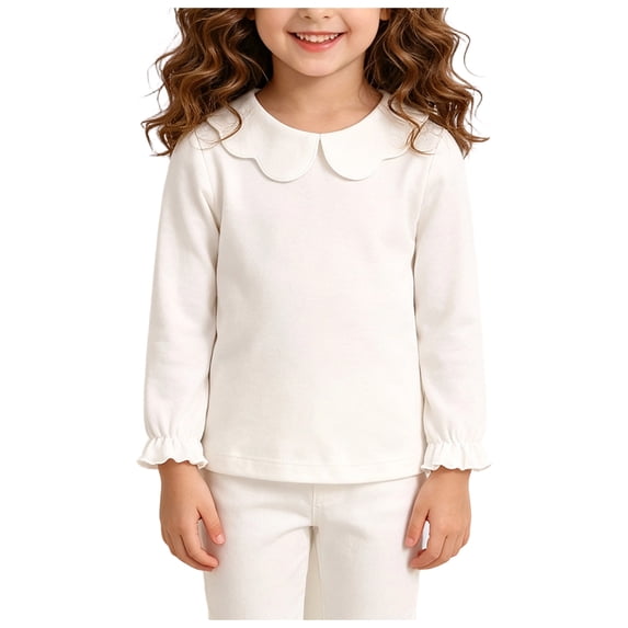 OYXSER Girls Casual Top with Peter Pan Collar & Ruffle Sleeve Details for School Wear, White 9-12M