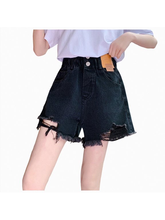 Girls' Cuffed Jean Shorts Denim Elastic Waist Drawstring Y2K Vintage Mid Waist Straight Leg Denim Shorts, Black 5-6Y