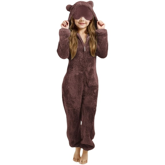 OYXSER Girls Fleece Jumpsuit Pajamas Machine Washable No Fade Fabric Everyday Nightwear for Home Lounge Wear, Brown 6-7 Years