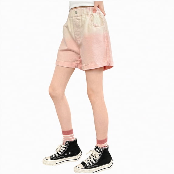 OYXSER Girls Gradient Denim Shorts Elastic Y2K Mid Waist Wide Leg Fashion Jean, Pink 7-8Y