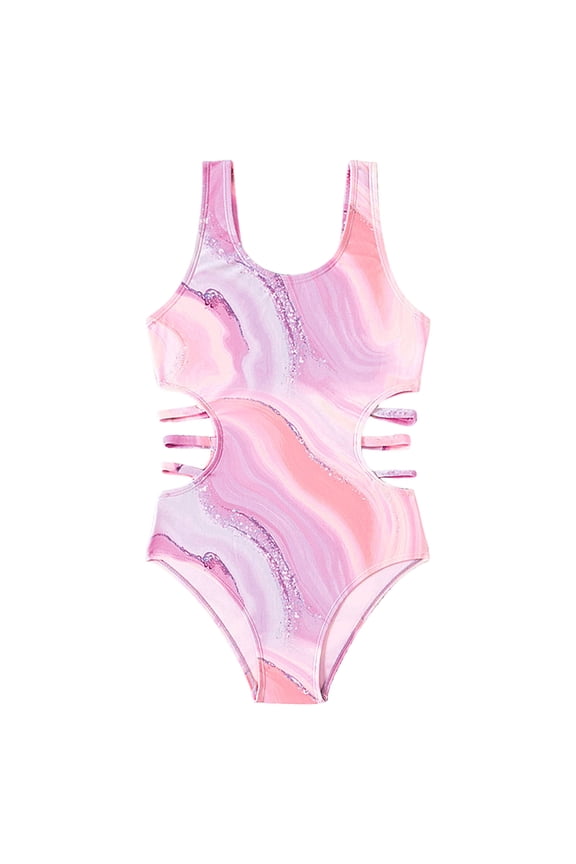 Girls Sparkle Swimsuits Cut Out Colorful Swimsuits Hawaii Swimwear Swimwear Beach Bathing Suit, Pink 5-6Y