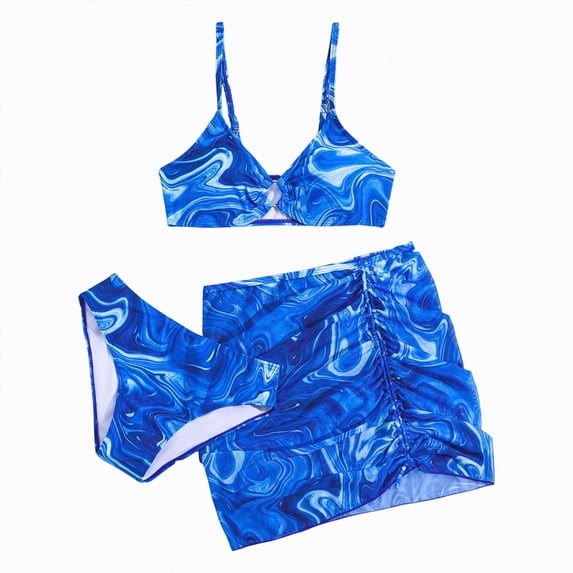 OYXSER Girls Swimsuit 2 Piece Tankini Bathing Suit Set Comfortable Breathable Cute Bikini Swimsuitswith Cover Ups Beach Skirt, Blue 14-15Y
