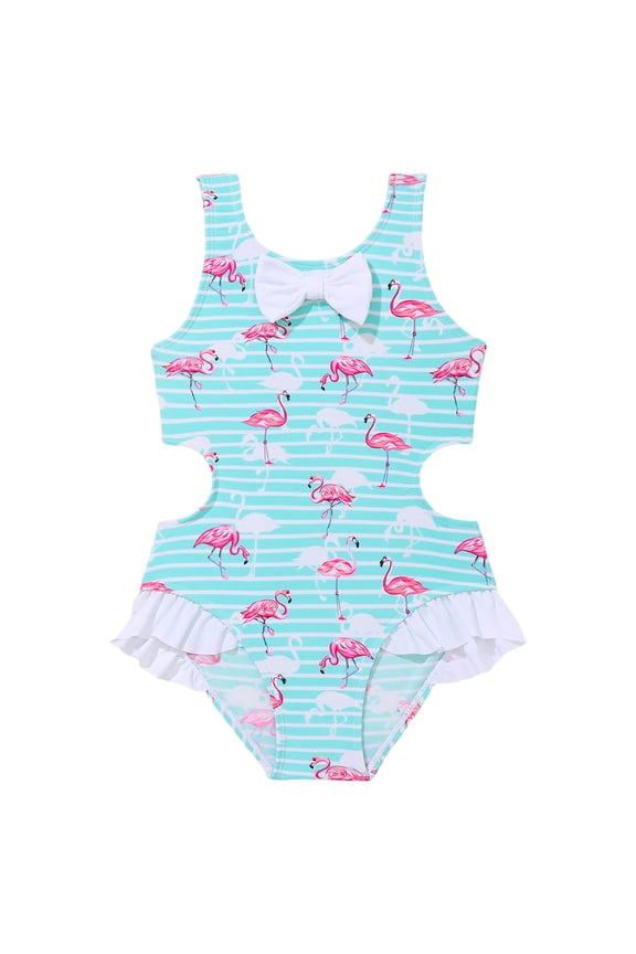 Girls Swimsuit One Piece Bathing Suit Flamingos Ruched Bathing Suit for Girls Cut Out Sleeveless Kids One Piece Swimwear, Blue 5-6Y