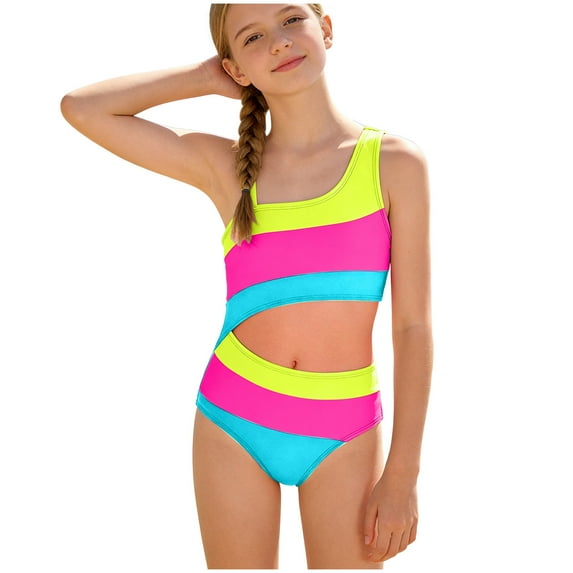 OYXSER Girls Swimsuit One Piece Swimsuits Color Block Colorful Swimsuits Beach Swimwear Bathing Suit for Beach, Blue 7-8Y