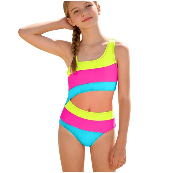 OYXSER Girls Swimsuit One Piece Swimsuits Colorful Swimsuits Color Block Swimwear Beach Bathing Suit, Blue 11-12Y