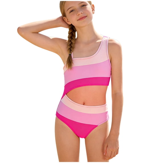 OYXSER Girls Swimsuit One Piece Swimsuits Colorful Swimsuits Color Block Swimwear Beach Bathing Suit, Pink 9-10Y