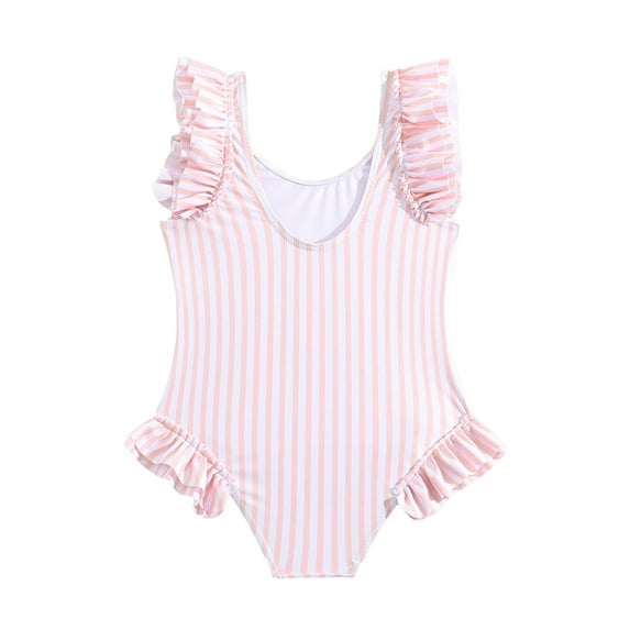 OYXSER Girls Swimsuit One Piece Bathing Suit Cute Striped Bathing Suit Solid Ruched Bathing Suit for Girls Sleeveless Kids One Piece Swimwear, Pink 6Y