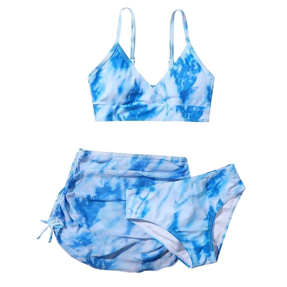 OYXSER Girls Swimsuits 3 Piece Bathing Suits Cute Ruched Bathing Suit with Cover Ups Beach Skirt Summer Bikini Tankini Sets, Blue 10Y
