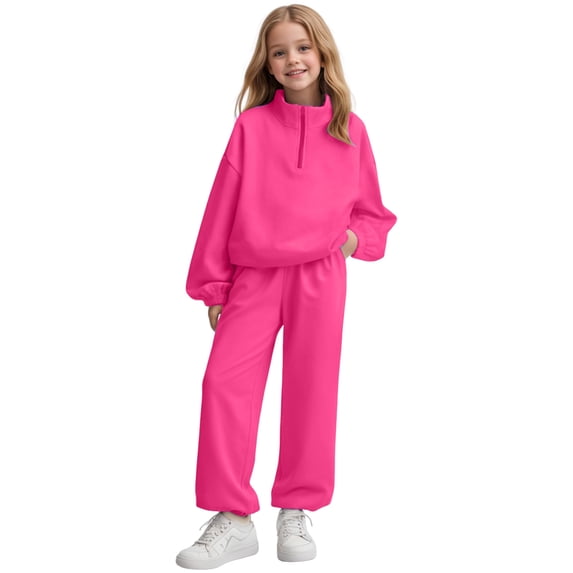 OYXSER Girls Two Piece Sets Size 11 12 Fleece Half Zip Long Sleeve Pullover Sweatshirt and Fuzzy Sports Pants for Girls Athletic Girls Lounge Set, Hot Pink 10-11 Years