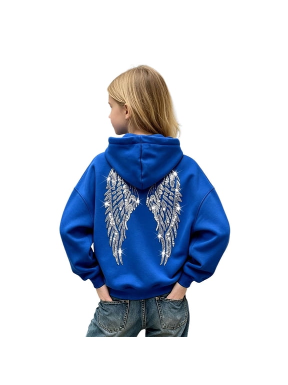 Hoodies for Teen Girls Sequin Angel Wings Hoodie Comfortable Pullover Streetwear with Pocket, Blue 6-7 Years