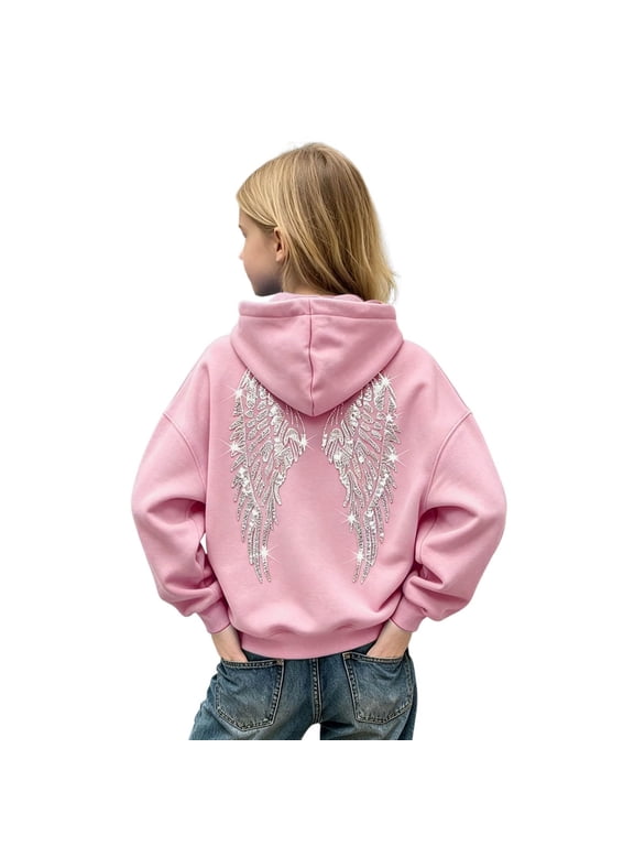 Hoodies for Teen Girls Sequin Angel Wings Hoodie Comfortable Pullover Streetwear with Pocket, Pink 2-3 Years