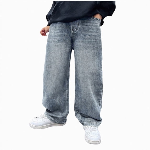 OYXSER Kids Elastic Waist Jeans for Boys Baggy Straight Leg Loose Denim Pants with Pockets, Blue 9-10Y