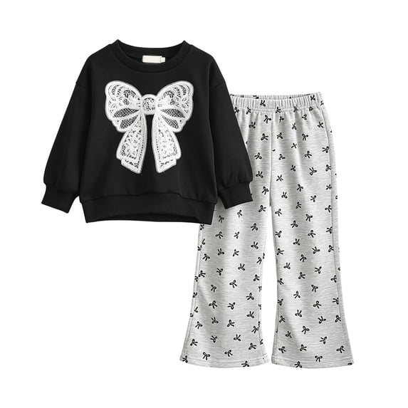 OYXSER Kids Girls Bow Graphic Crewneck Top and Bow Pattern Wide Leg Pants Set, Black 5 Years