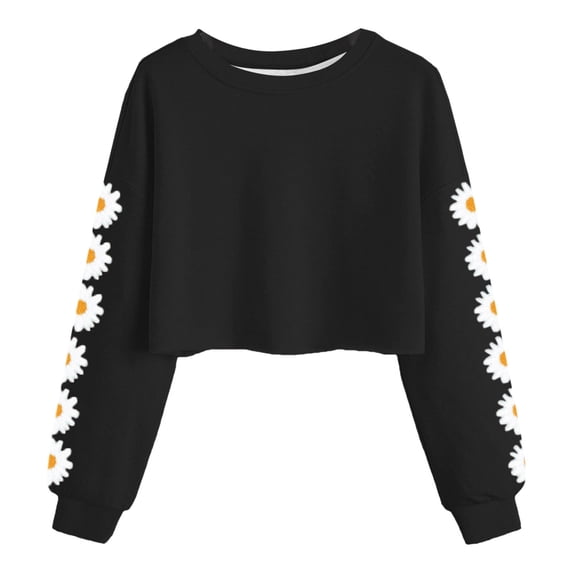 OYXSER Kids Girls Cute Floral Sleeve Cropped Sweatshirt Pullover Long Sleeve Loose Top, Black 12-13 Years