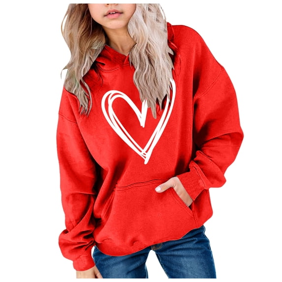 OYXSER Kids Girls Heart Graphic Hooded Sweatshirt Long Sleeve Pullover Top with Front Pocket Casual School Wear, Red 7-8Y
