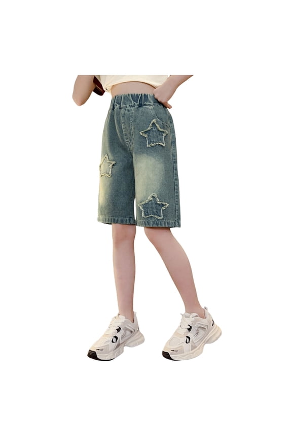 Little Girls Jean Shorts Y2K Vintage High Waist Straight Leg Denim Shorts Drawstring Shorty Shorts for Teen Girls, Blue 7-8Y