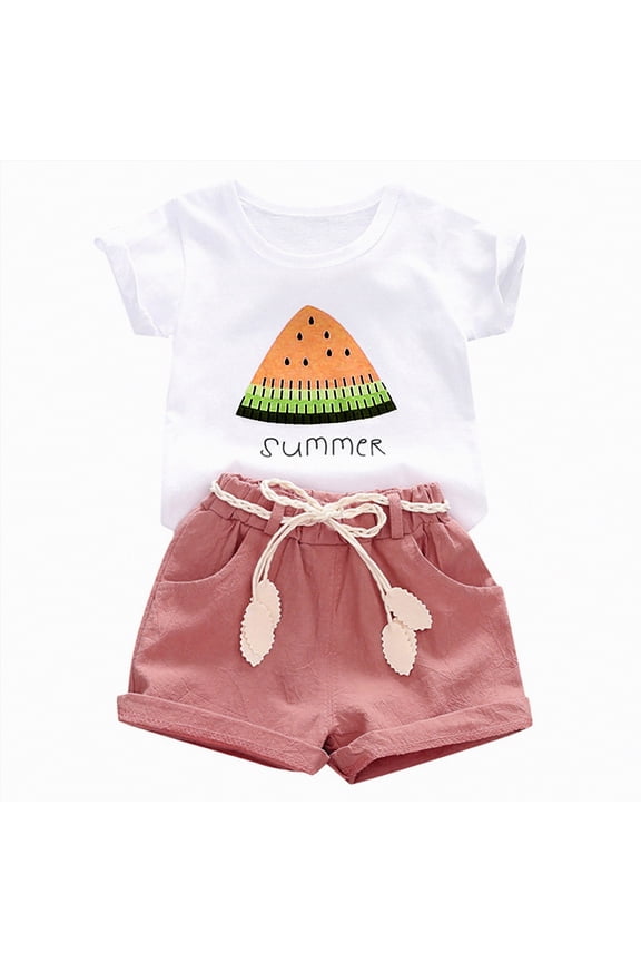 Toddler Baby Girls Clothes 3T 4T Watermelon T-shirt + Linen Shorts with Belt Cute Summer 2Pcs Outfits Set, Pink 3-4T