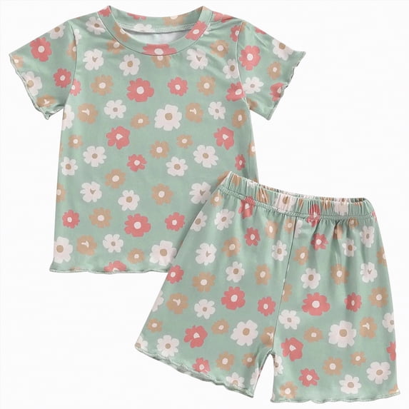 OYXSER Toddler Baby Girls Summer Outfits 12 18 Months Daisy Print Short Sleeve T-Shirts Shorts Clothing Set 2pcs Shorts Outfits Set, Green 12-18M