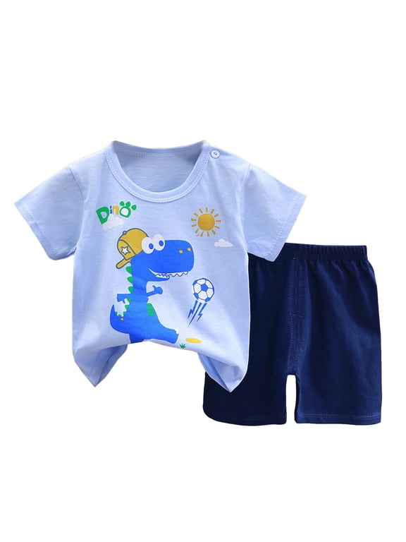 Toddler Boy Clothes 3T 4T Cartoon Cotton Summer Short Sleeve T-Shirt Tops Shorts Clothes Sets Cool Short Sets, Blue 3-4T