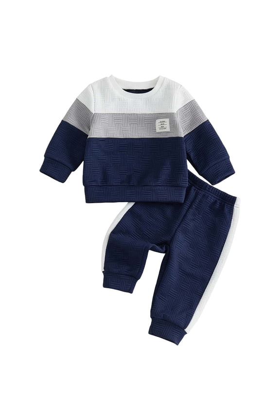 Toddler Boys Long Sleeve Set Boys 2-Piece Simple Design Outfit with Side Stripe and Elastic Waist, Blue 6-12M