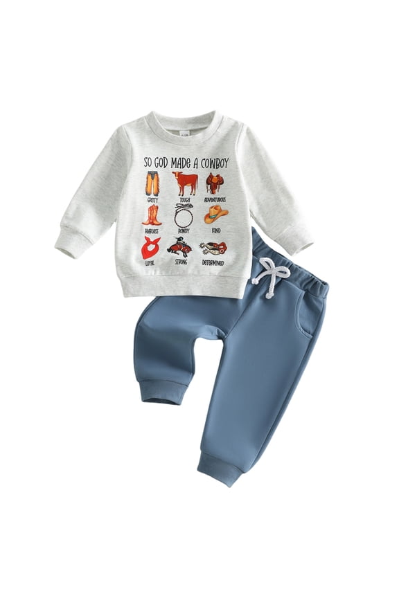 Toddler Boys Long Sleeve Set Kids 2-Piece Color-Block Outfit with Story Illustration Print, Gray 2-3T