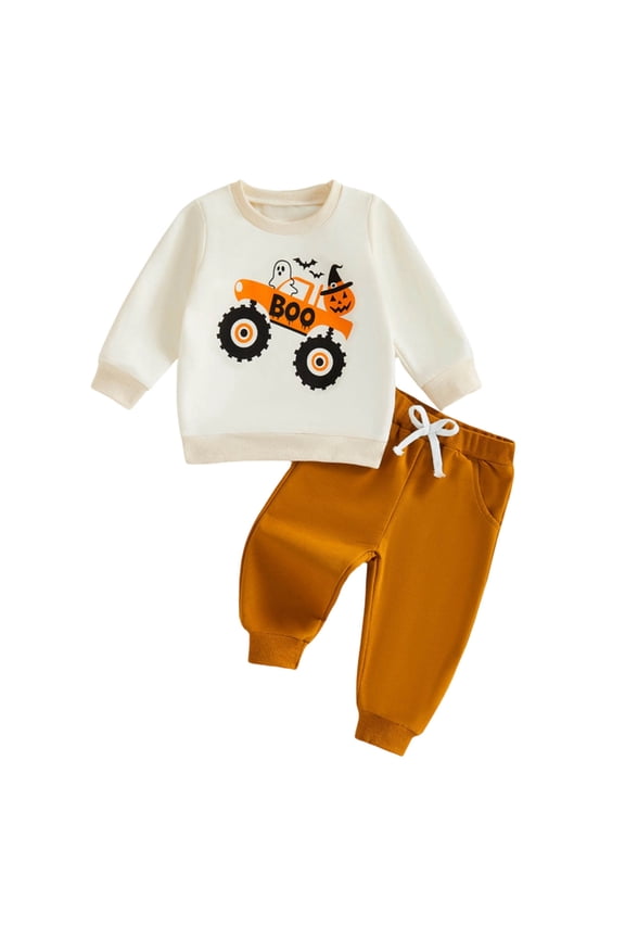 Toddler Boys Long Sleeve Set Kids 2-Piece Festive Outfit with Fun Print & Orange-Toned Style, White 18-24M