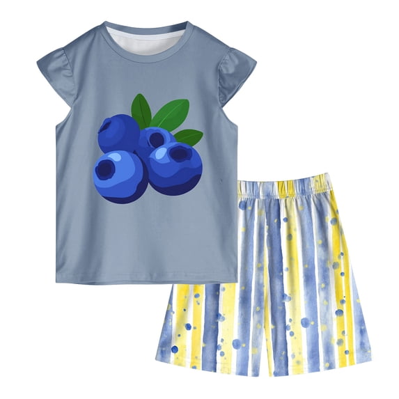 OYXSER Toddler Girls Outfits Fruit Print Short Sleeve T-Shirt Tops & Shorts Sets 2Pcs Clothes Set, Blue 1-2T