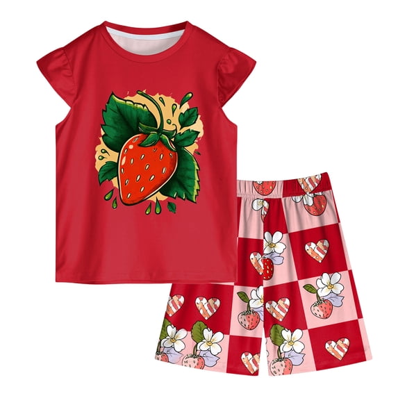 OYXSER Toddler Girls Outfits Fruit Print Short Sleeve T-Shirt Tops & Shorts Sets 2Pcs Clothes Set, Red 5-6Y