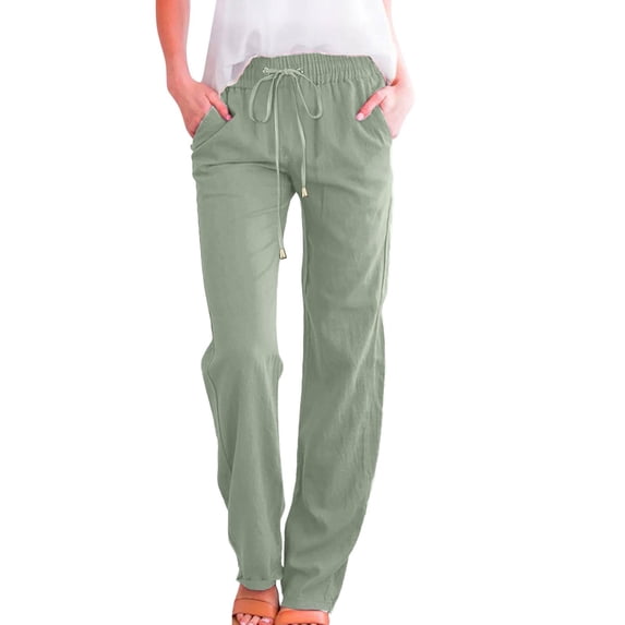OYXSER Womens Linen Pants with Pockets Drawstring Elastic Waist Casual Vacation Straight Leg
