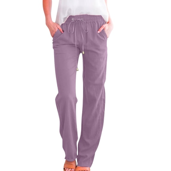 OYXSER Womens Linen Pants with Pockets Drawstring Elastic Waist Casual Vacation Straight Leg