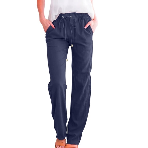 OYXSER Womens Linen Pants with Pockets Drawstring Elastic Waist Casual Vacation Straight Leg