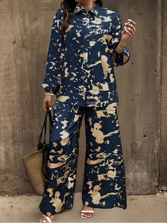 2 Piece Outfits for Women Fashion Lounge Sets Button Down Long Sleeve Shirts Wide Leg Pants Fall Winter Outfits